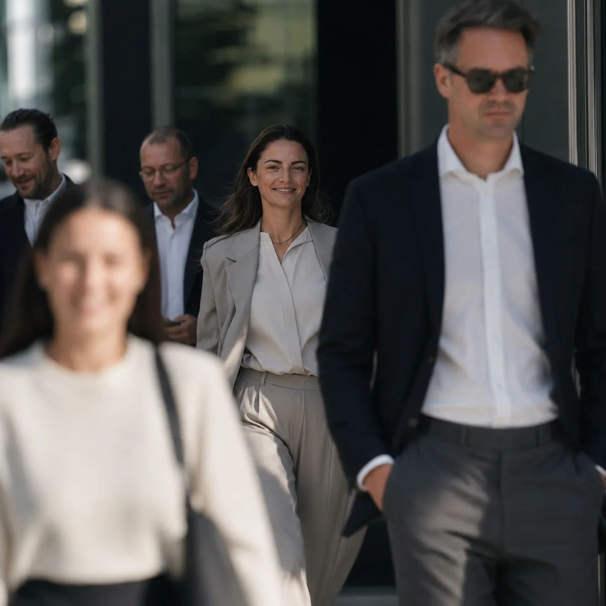Company team in front of the office building